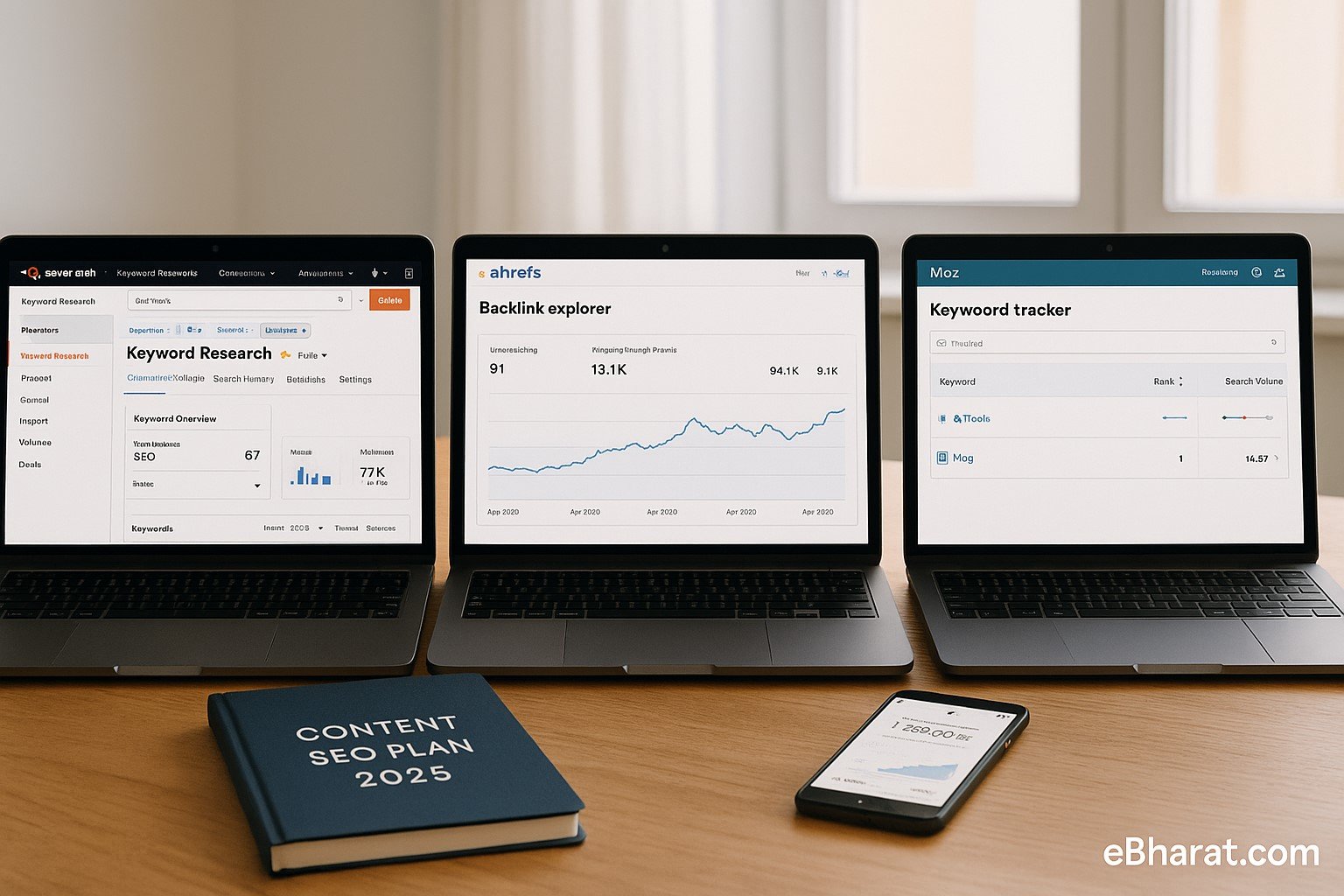 "Professional SEO workspace with three laptops side by side showing Semrush keyword research, Ahrefs backlink explorer, and Moz keyword tracker. On the desk, a diary labeled Content SEO Plan 2025 and a smartphone displaying INR to USD conversion complete the setup."