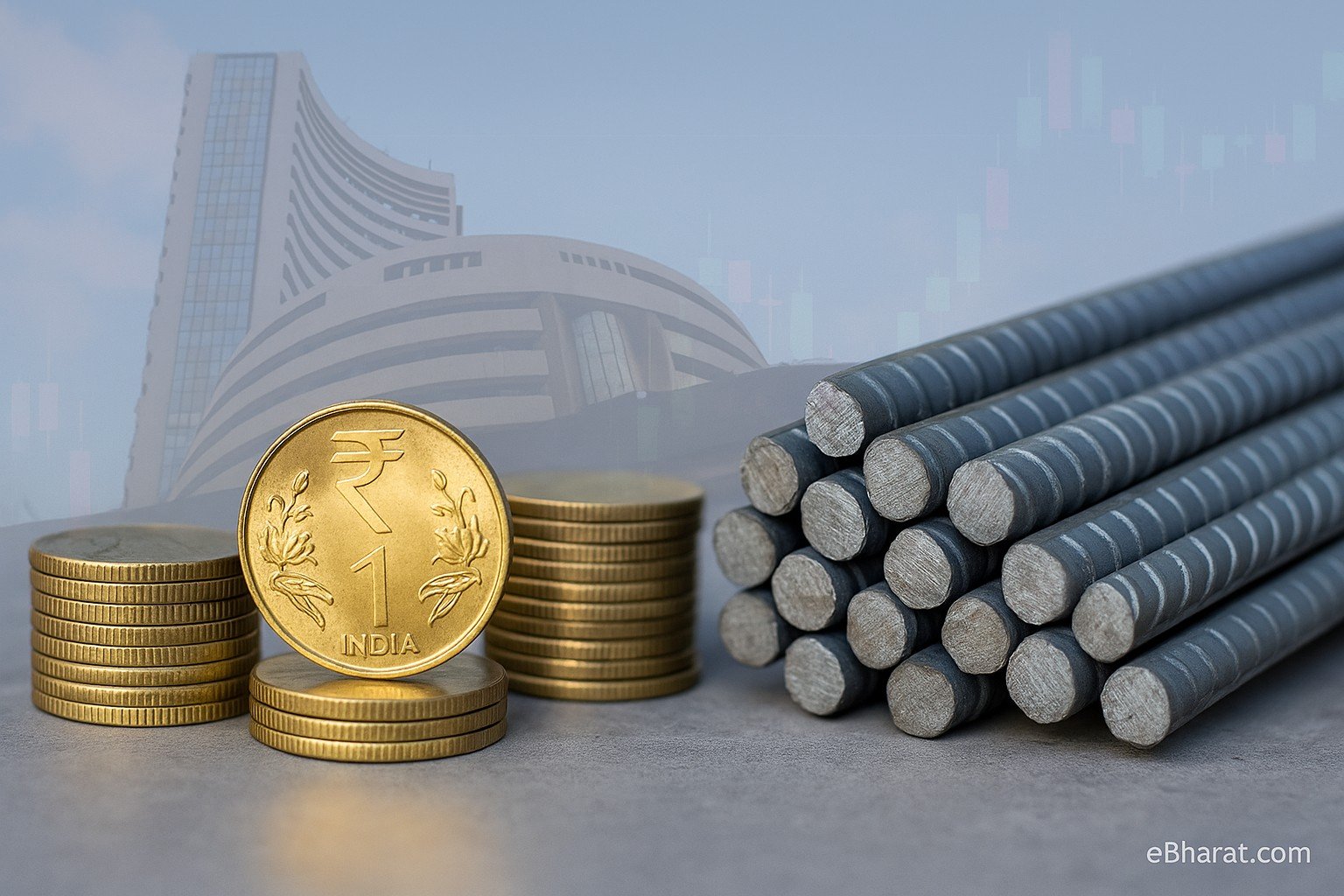 "Stacks of Indian rupee coins placed beside steel rods with a faint BSE building silhouette in the background, symbolizing PSU banks and metals sector strength."