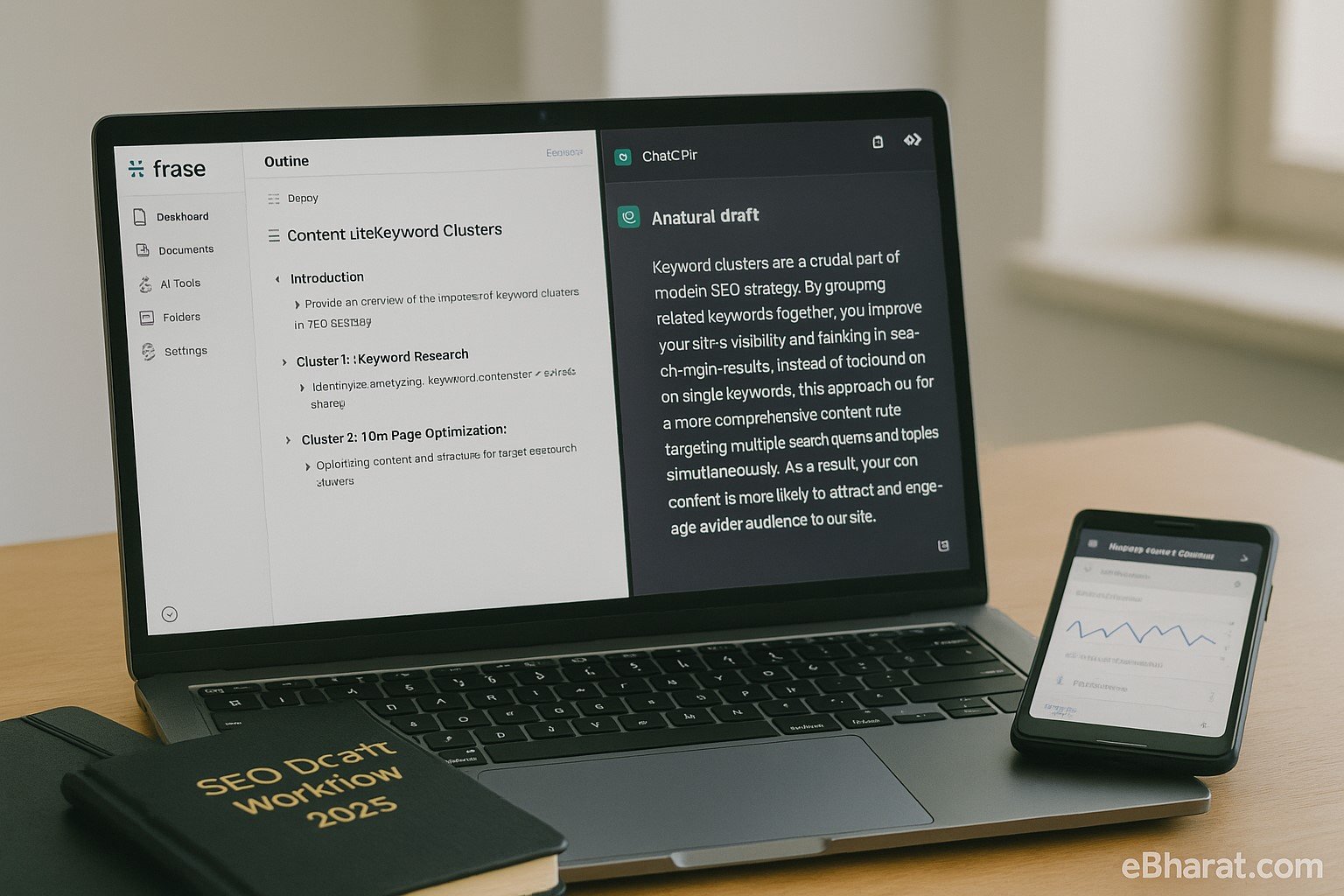 Split-screen laptop showing Frase on the left with a content outline and keyword clusters, and ChatGPT on the right with a natural draft paragraph. On the desk: a diary titled “SEO Draft Workflow 2025” and a smartphone displaying Google Search Console; eBharat.com watermark bottom-right.