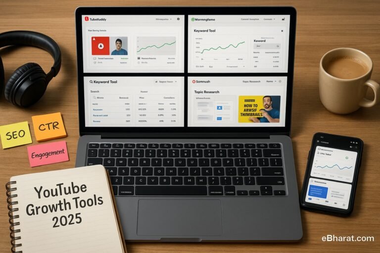 Laptop split into six panels showing TubeBuddy, Morningfame, Keyword Tool, Ahrefs, Semrush, and Canva dashboards, diary YouTube Growth Tools 2025, smartphone with YouTube Studio, sticky notes, and chai on desk.