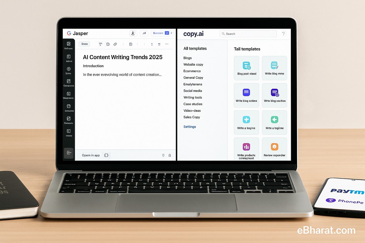Laptop showing Jasper and Copy.ai dashboards side by side.
