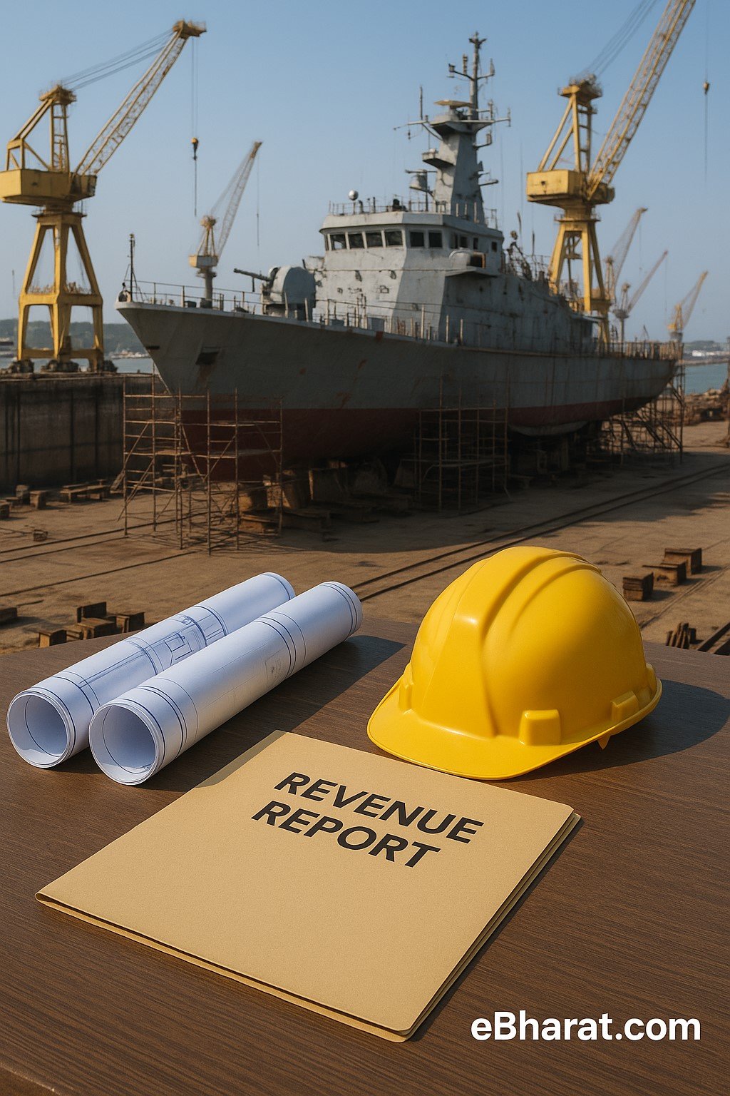 : “Naval vessel under construction in shipyard with cranes and blueprints, symbolizing Goa Shipyard’s record revenue and order book guidance.”