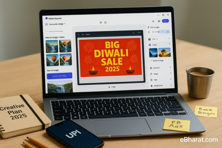 Laptop with Adobe Express Firefly generating Instagram banner, diary Creative Plan 2025, UPI smartphone, and chai on desk.