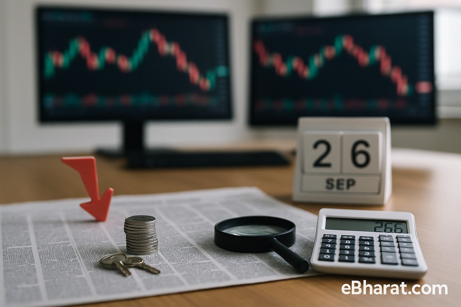 “Trading desk with stock charts, rupee coins, and financial newspaper symbolizing Nifty 50 opening lower on Sep 26, 2025.”