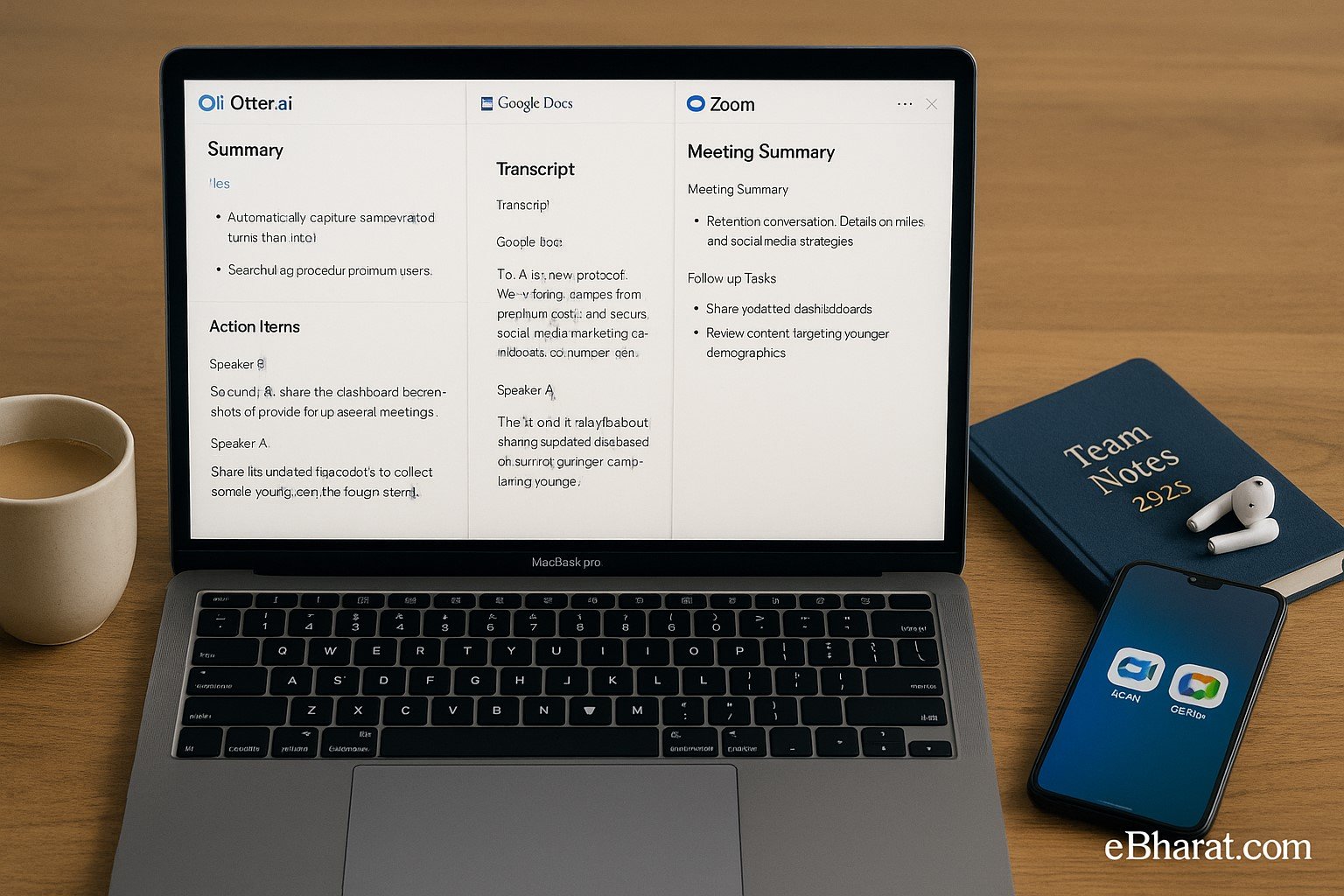 Laptop showing Otter.ai transcript with summary, Google Meet transcript in Docs, and Zoom AI Companion recap side by side, diary Team Notes 2025, smartphone with Zoom/Meet icons, earbuds, and chai.