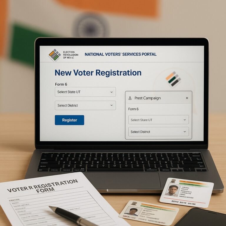NVSP पोर्टल पर नया वोटर रजिस्ट्रेशन पेज और टेबल पर आधार कार्ड व फॉर्म।
