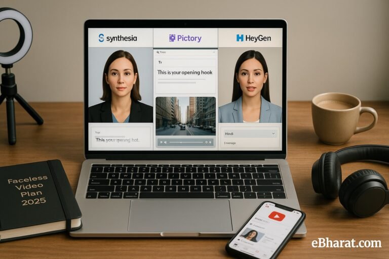 Laptop with Synthesia avatar, Pictory script-to-video editor, and HeyGen lip-sync preview side by side, diary Faceless Video Plan 2025, smartphone Shorts upload, and chai on desk.