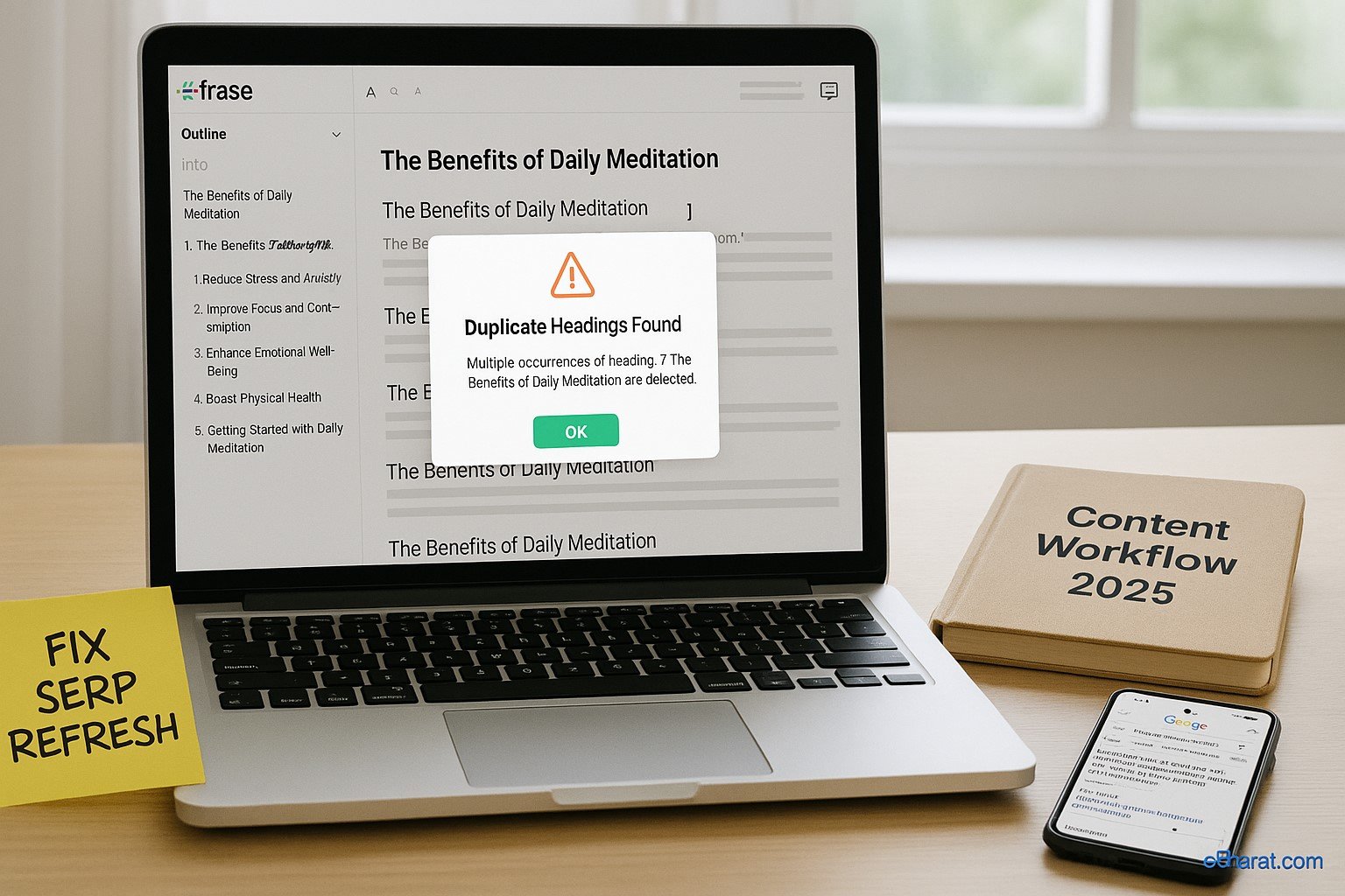 Laptop displaying the Frase content editor with an on-screen warning “Duplicate Headings Found,” showing repeated headings. On the desk: a yellow sticky note labeled “Fix SERP Refresh,” a diary titled “Content Workflow 2025,” and a smartphone with Google SERPs; eBharat.com watermark bottom-right.