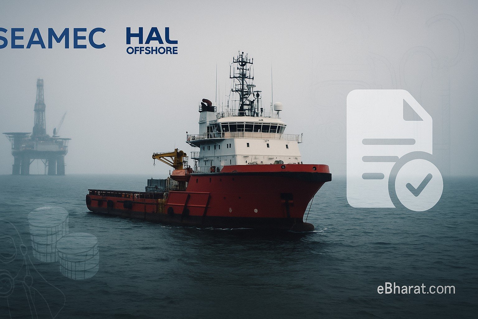 “Offshore support vessel sailing at sea near an oil platform, with SEAMEC and HAL Offshore logos and a subtle ballot/checkbox icon overlay indicating postal ballot approval.”