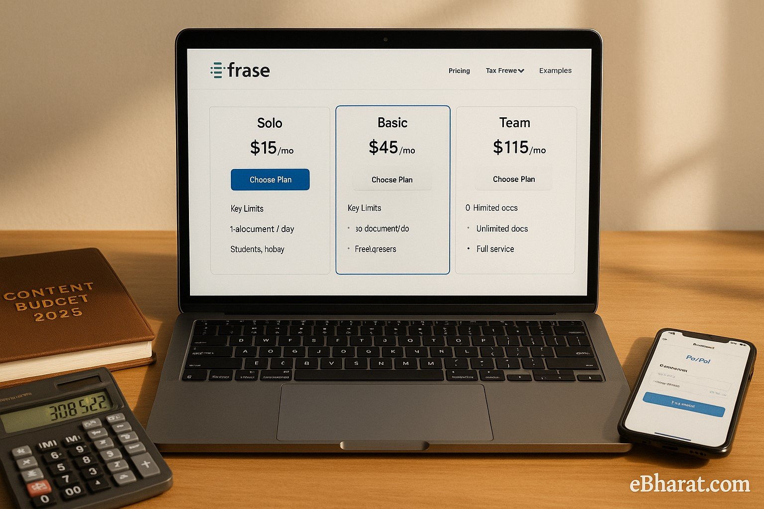 Laptop displaying the Frase pricing page with three plans (Solo, Basic, Team) highlighted, on a bright desk with a diary labeled “Content Budget 2025,” a calculator showing INR conversion, and a smartphone open to an online payment checkout; eBharat.com watermark bottom-right.