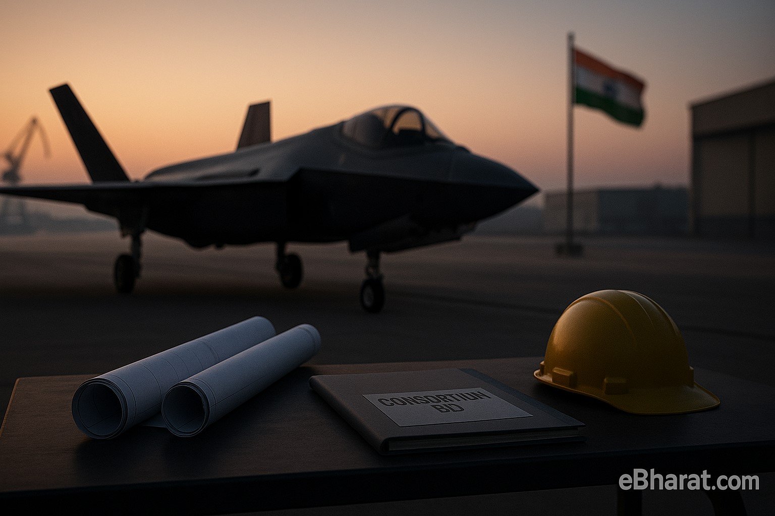 “Silhouette of a stealth fighter jet on tarmac with blueprints and consortium bid folder, symbolizing BEL–L&T entry into AMCA stealth fighter programme.”