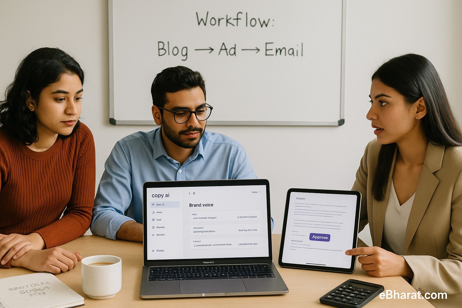 "Three professionals collaborating at a desk with Copy.ai Brand Voice on laptop, draft approval on tablet, and a whiteboard behind showing workflow Blog → Ad → Email."