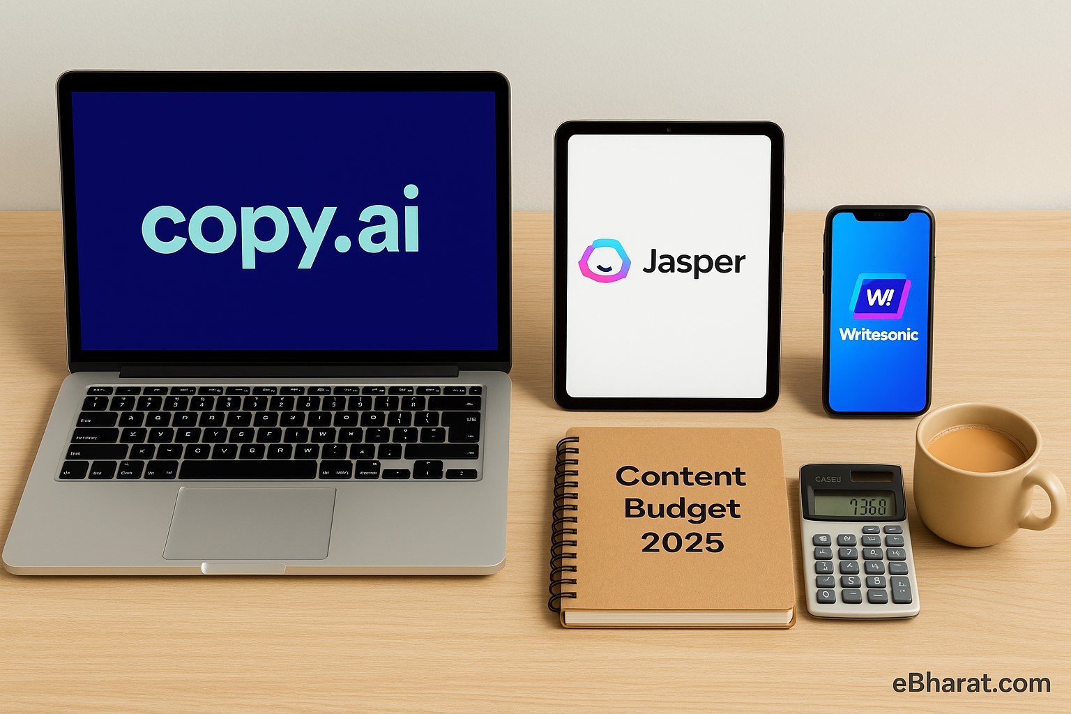 "Comparison visual with Copy.ai on laptop, Jasper on tablet, and Writesonic on smartphone, alongside Content Budget 2025 diary, calculator showing INR, and cup of chai."