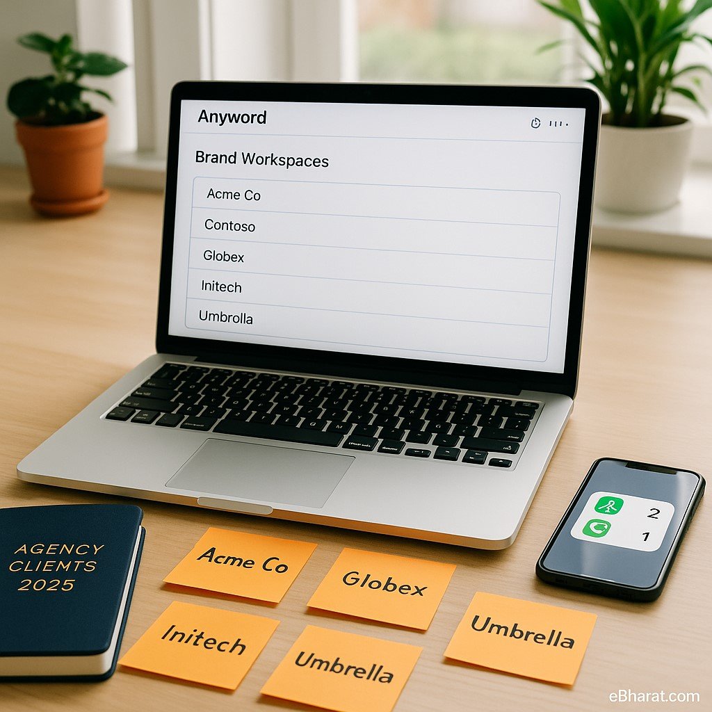 A modern digital agency workspace with a laptop displaying the Anyword dashboard showing multiple brand workspaces, alongside a diary labeled “Agency Clients 2025,” sticky notes with brand names, and a smartphone with Slack/WhatsApp notifications on the desk.
