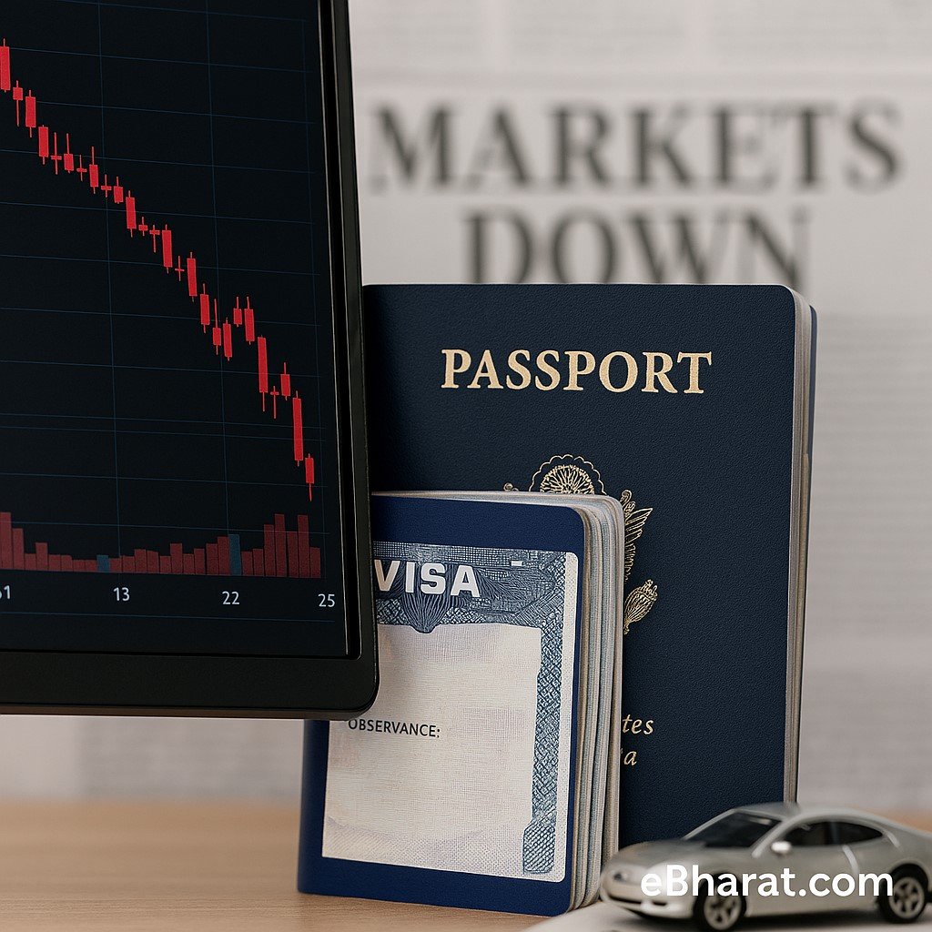 “Stock market trading screen with red candlestick chart, passports with U.S. visa, and a toy car symbolizing IT losses and auto gains.”