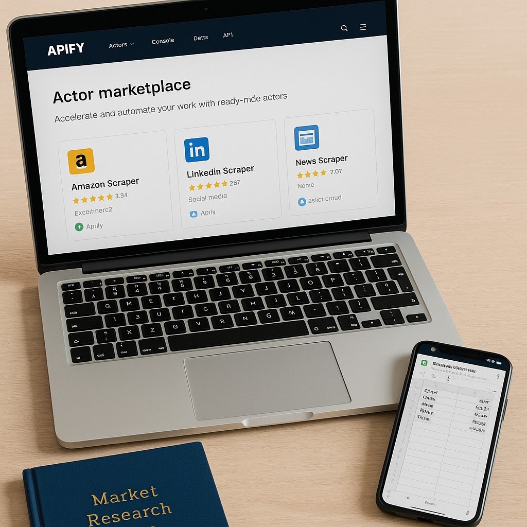 Laptop on a wooden desk showing the Apify Actor marketplace with Amazon Scraper, LinkedIn Scraper, and News Scraper highlighted. Beside it, a diary titled “Market Research 2025” and a smartphone displaying a Google Sheet with scraped pricing data. Watermark “eBharat.com” at the bottom right.