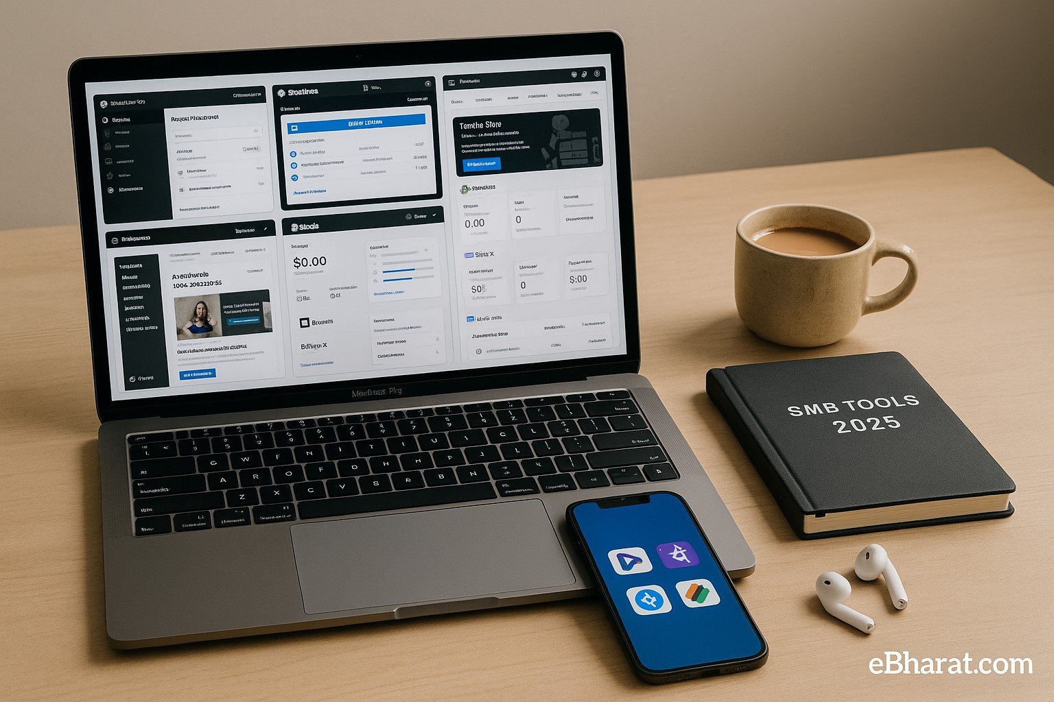 Laptop showing seven website builder dashboards with diary, smartphone showing UPI icons, earbuds, and chai cup on desk for Indian SMB context.