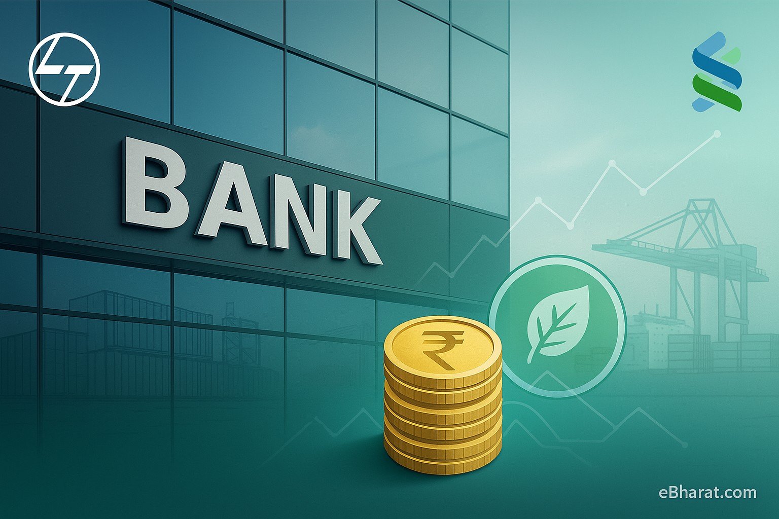 “Modern bank façade with L&T logo, rupee coin stack and green ESG leaf icon over a faint line chart, plus container-port backdrop — sustainability-linked financing theme.”