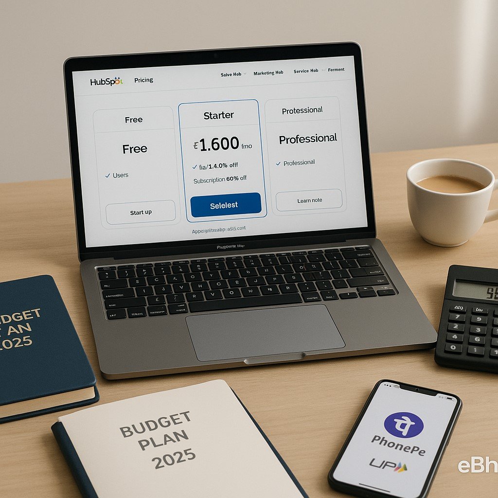 Laptop showing HubSpot Starter Hub pricing page with SME Budget Plan 2025 diary, calculator, and UPI smartphone on desk.