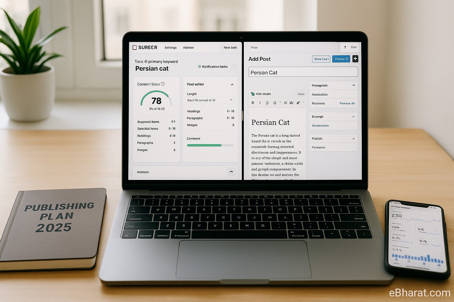 "A professional blogger’s workspace with a laptop showing Surfer’s Content Editor and WordPress post editor side by side, a diary titled Publishing Plan 2025, and a smartphone displaying Google Analytics."