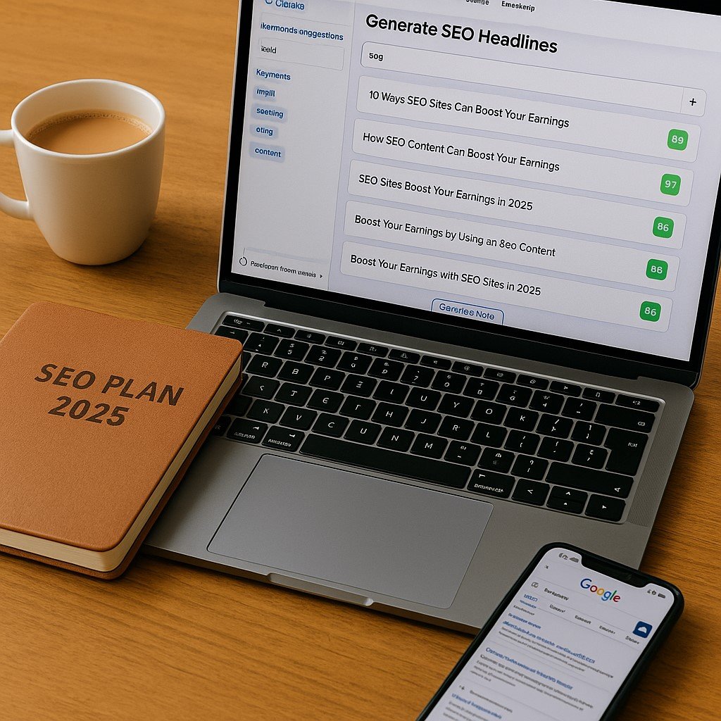A bright SEO workspace with a laptop screen showing Anyword generating SEO headlines and keyword suggestions, a diary titled “SEO Plan 2025,” a smartphone open to Google Search results, and a cup of chai on the desk.