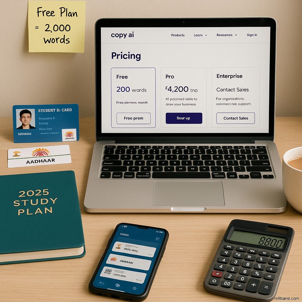 "Student desk with laptop displaying Copy.ai pricing page, Aadhaar and student ID cards, 2025 Study Plan diary, calculator showing rupee amount, smartphone, chai cup, and sticky note reading Free Plan = 2,000 words."