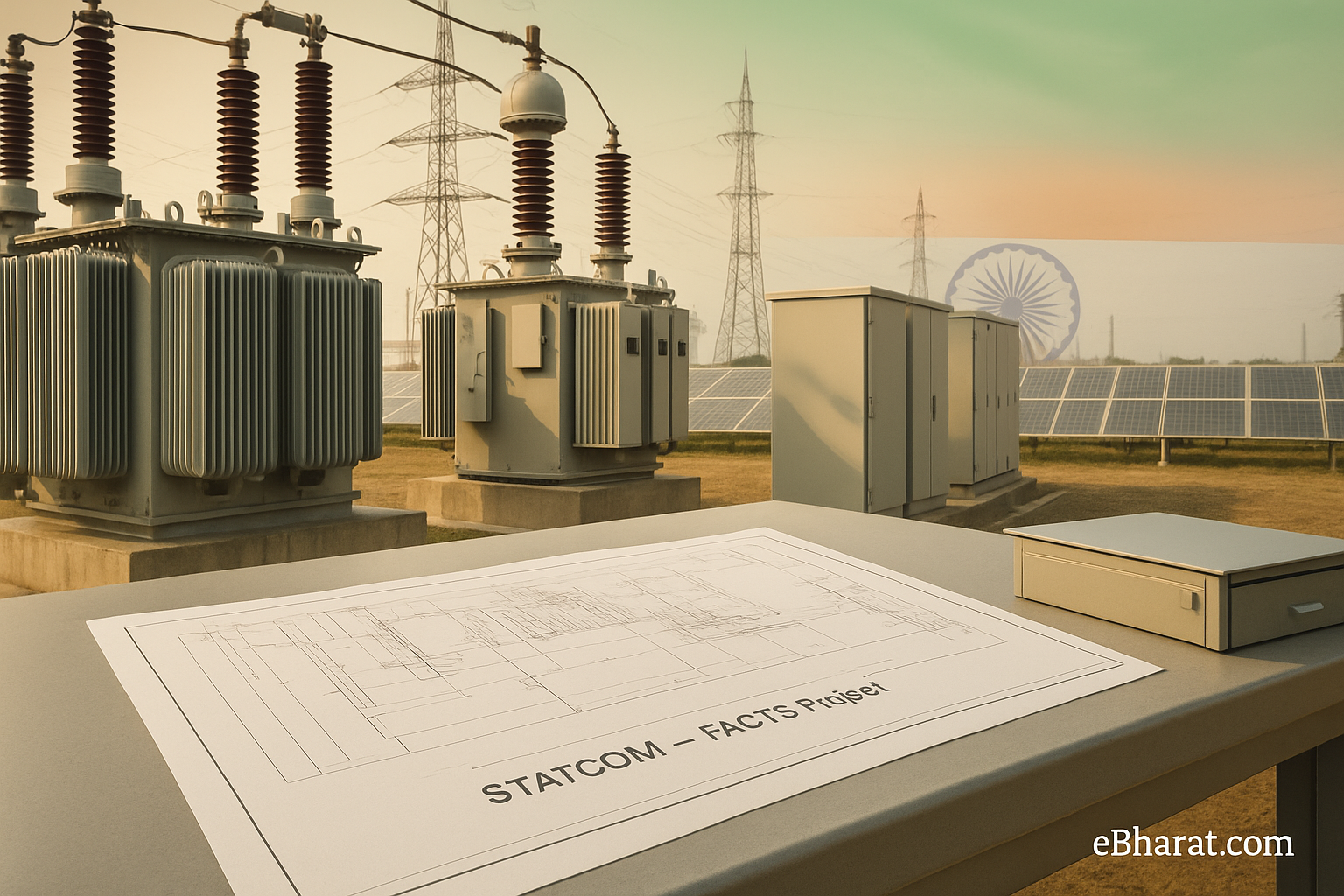 “Electrical substation with high-voltage transformers and control cabinets, blueprints labeled STATCOM–FACTS Project on a workbench, with faint Indian flag overlay and solar panels in background.”