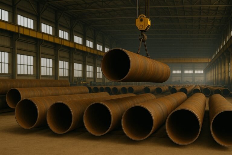 Steel pipes stacked in a manufacturing plant with an overhead crane lifting one pipe, symbolizing Man Industries operations.