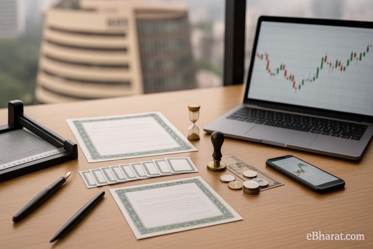 A desk with share certificates, a stamp, coins and Indian currency beside a laptop and phone showing stock charts; BSE-style building blurred outside the window.
