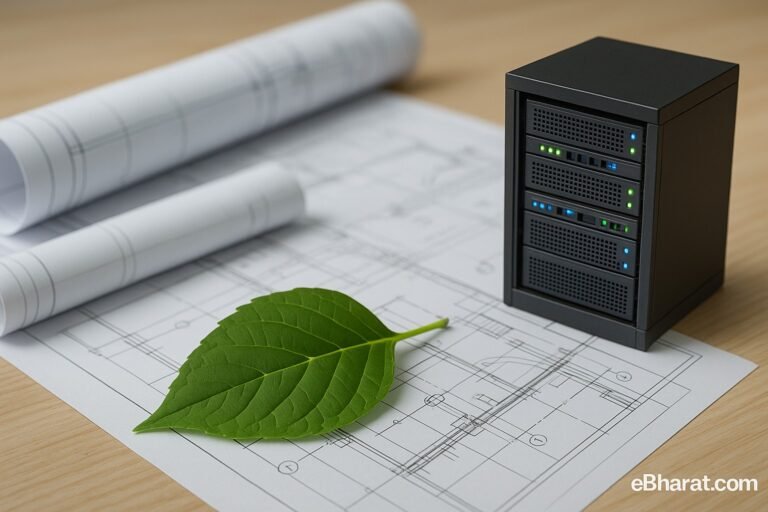 Environmental blueprint with green leaf and data center model — symbolizing Techknowgreen’s ₹1.26 cr EIA & EC mandate.
