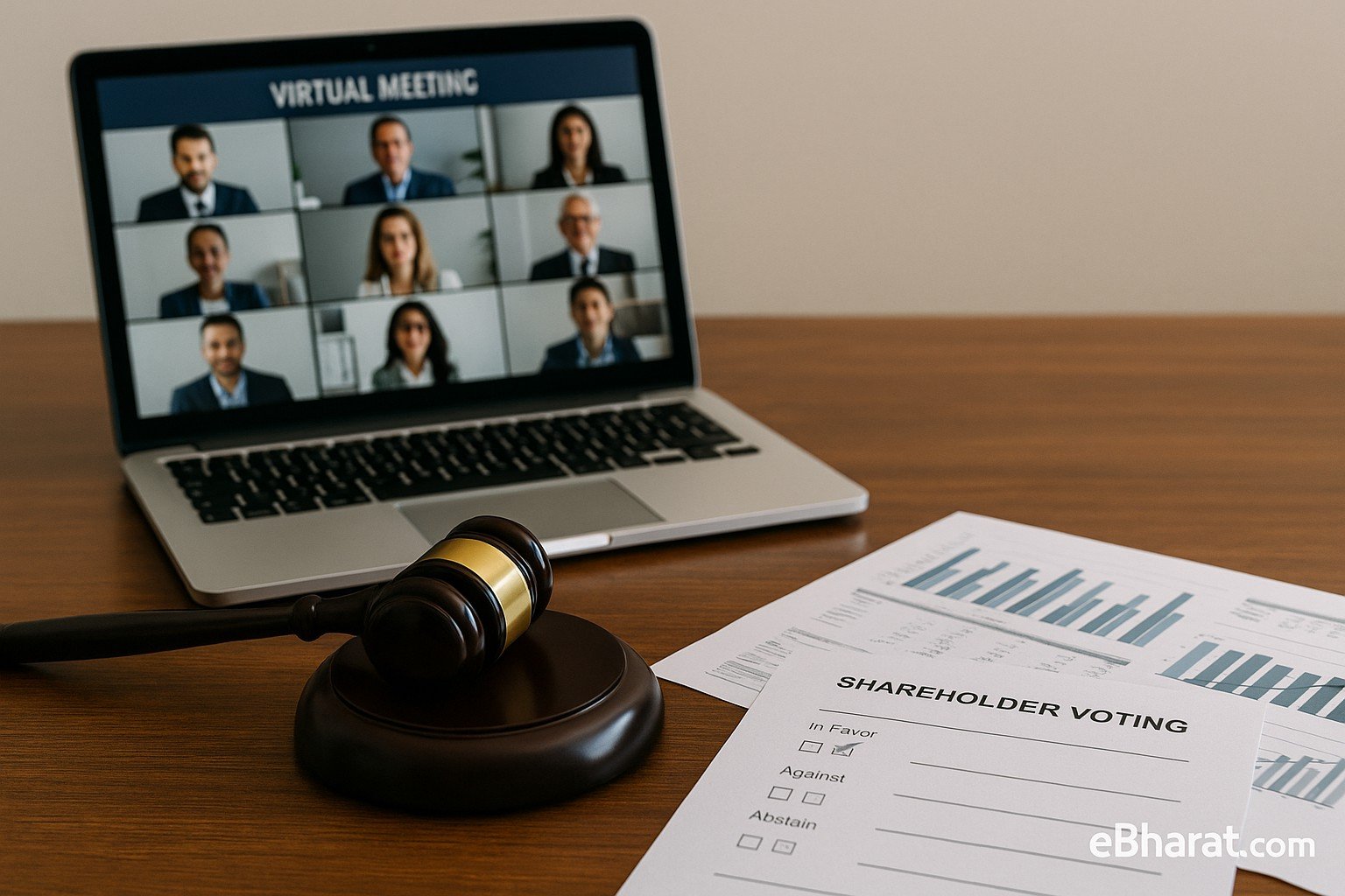 Virtual AGM setup with laptop video meeting, gavel, and shareholder voting documents — symbolizing Vinyas Innovative AGM results.