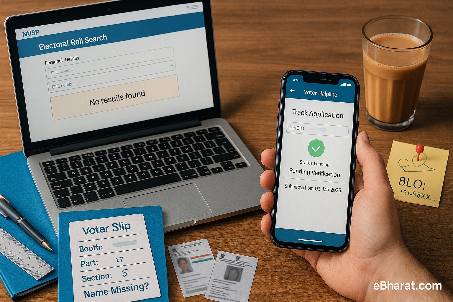 लैपटॉप पर NVSP सर्च ‘No record found’, फोन पर Voter Helpline Track Status; पास में voter slip, EPIC स्टिकी, पेन और चाय—वोटर लिस्ट में नाम मिसिंग ट्रबलशूटिंग को दर्शाती इमेज।