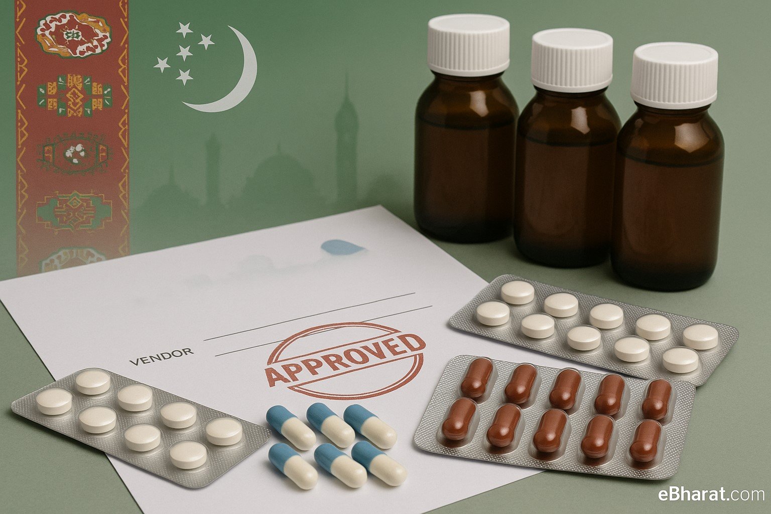“Medico Remedies export order — pharma tablets, capsules, dry syrups with Turkmenistan flag backdrop.”