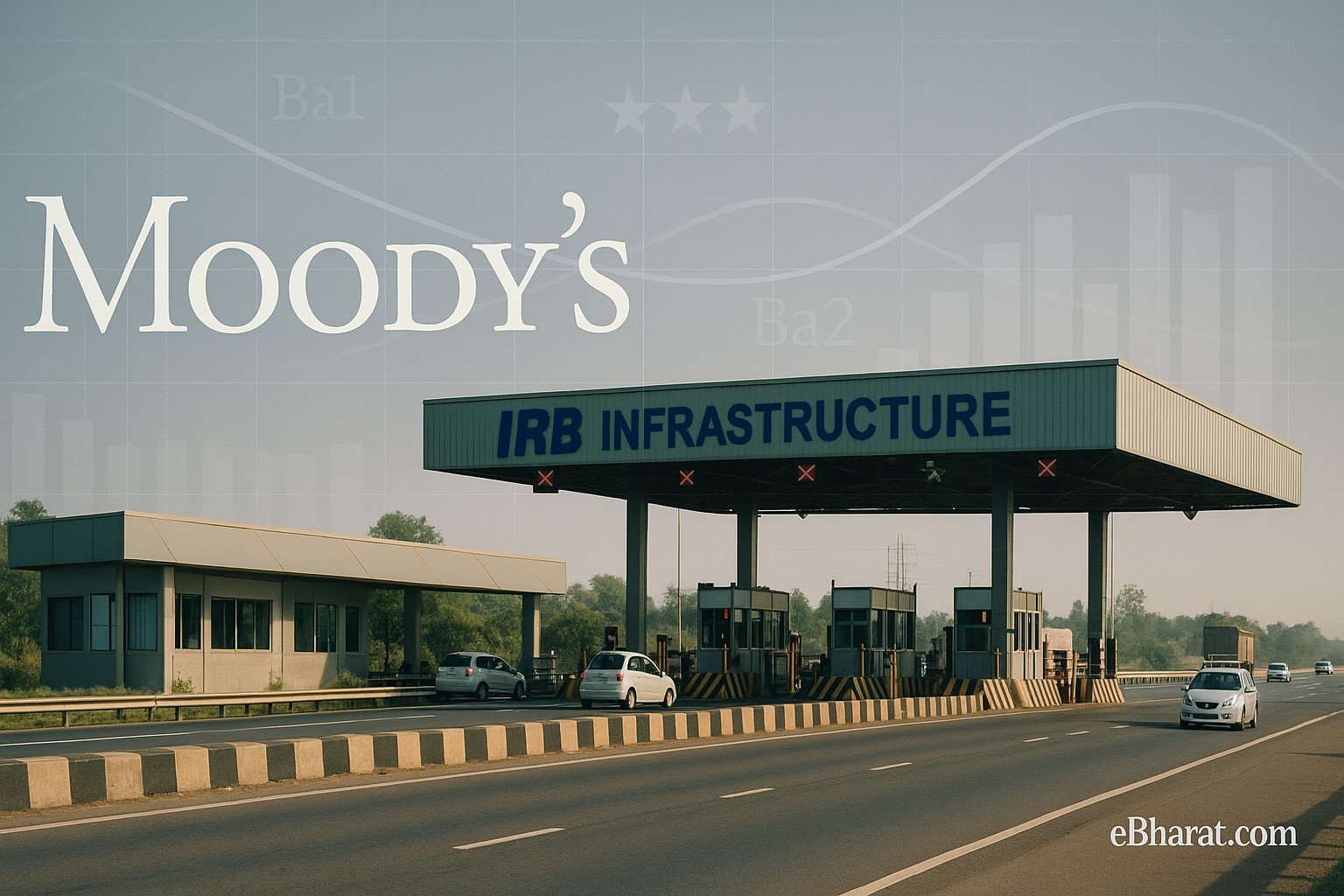 “Toll plaza operated by IRB Infrastructure with highway traffic, overlaid with Moody’s credit rating symbols and financial chart graphics; eBharat.com watermark bottom-right.”