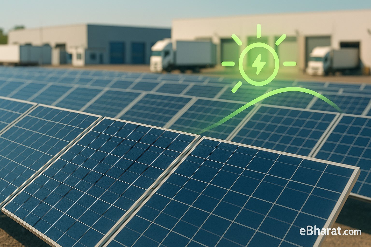 “Rows of solar panels in a large solar park under bright sunlight, with subtle logistics elements in the background, representing Globe International Carriers’ new renewable-energy venture; eBharat.com watermark bottom-right.”