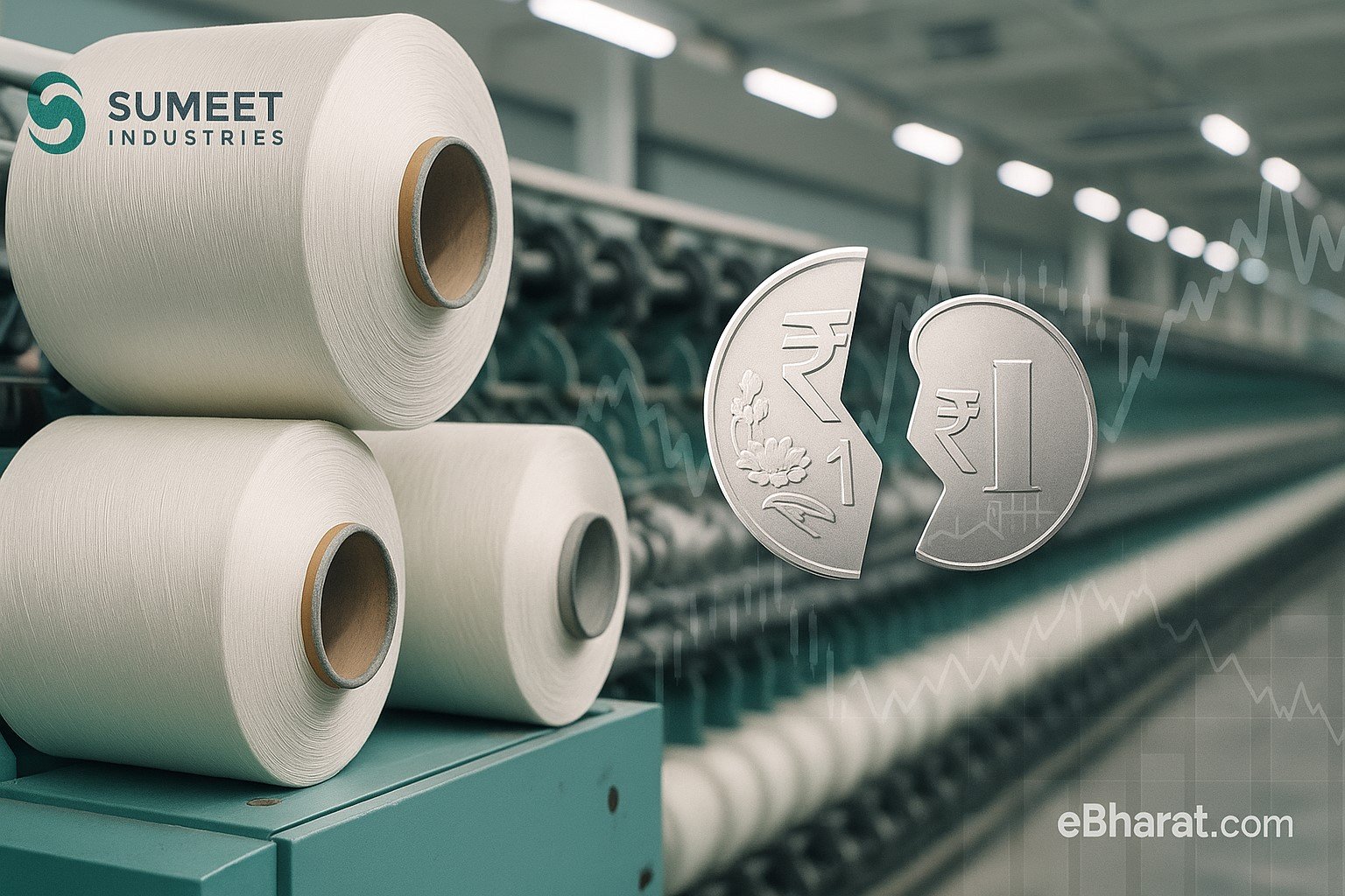 Polyester yarn spools in a textile mill with a faint stock-chart overlay and a split icon, signaling Sumeet Industries’ ₹10→₹1 stock split (eBharat.com watermark).