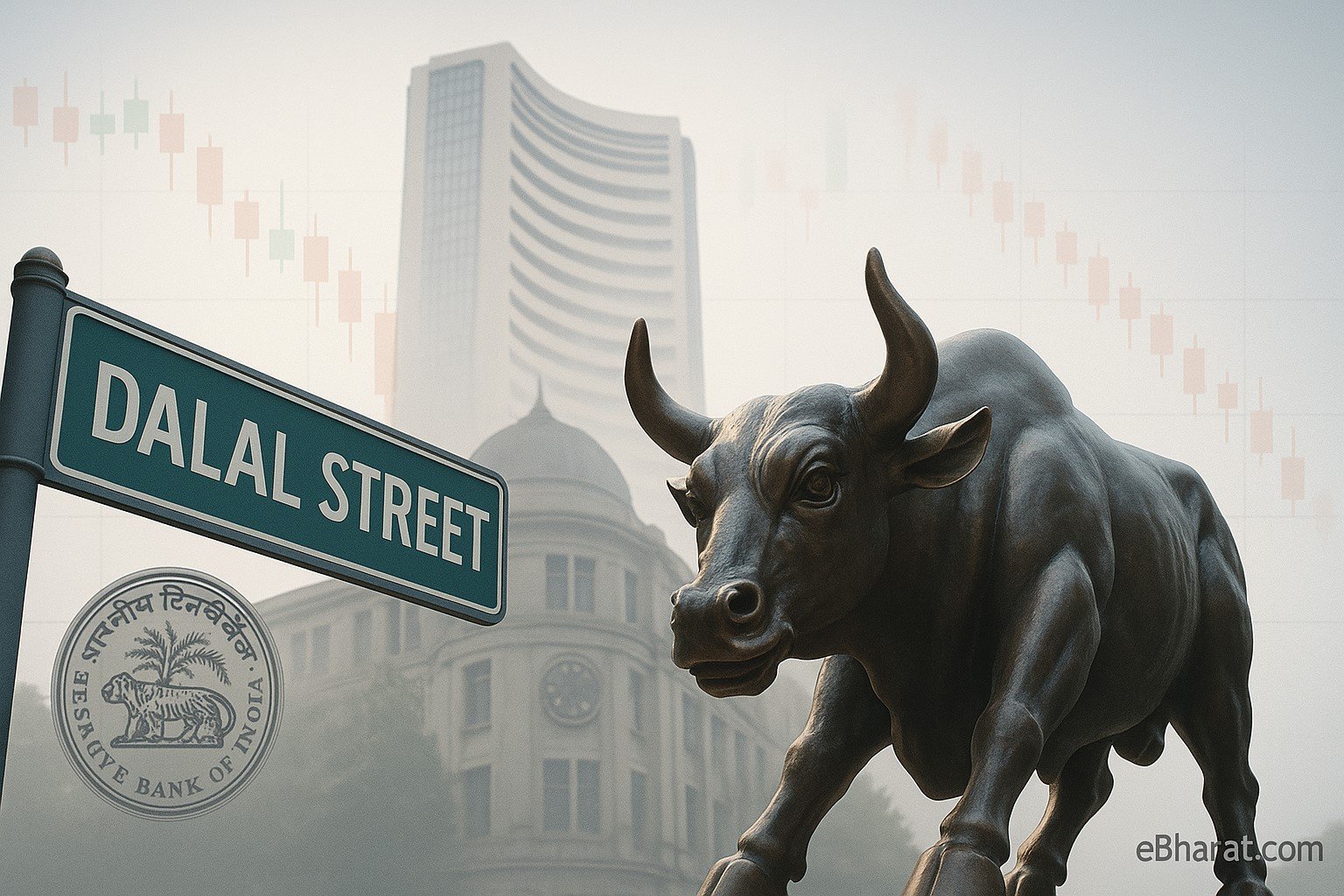 Dalal Street signboard with the RBI building silhouette and a faint candlestick chart in the background, symbolizing market weakness ahead of RBI policy review.
