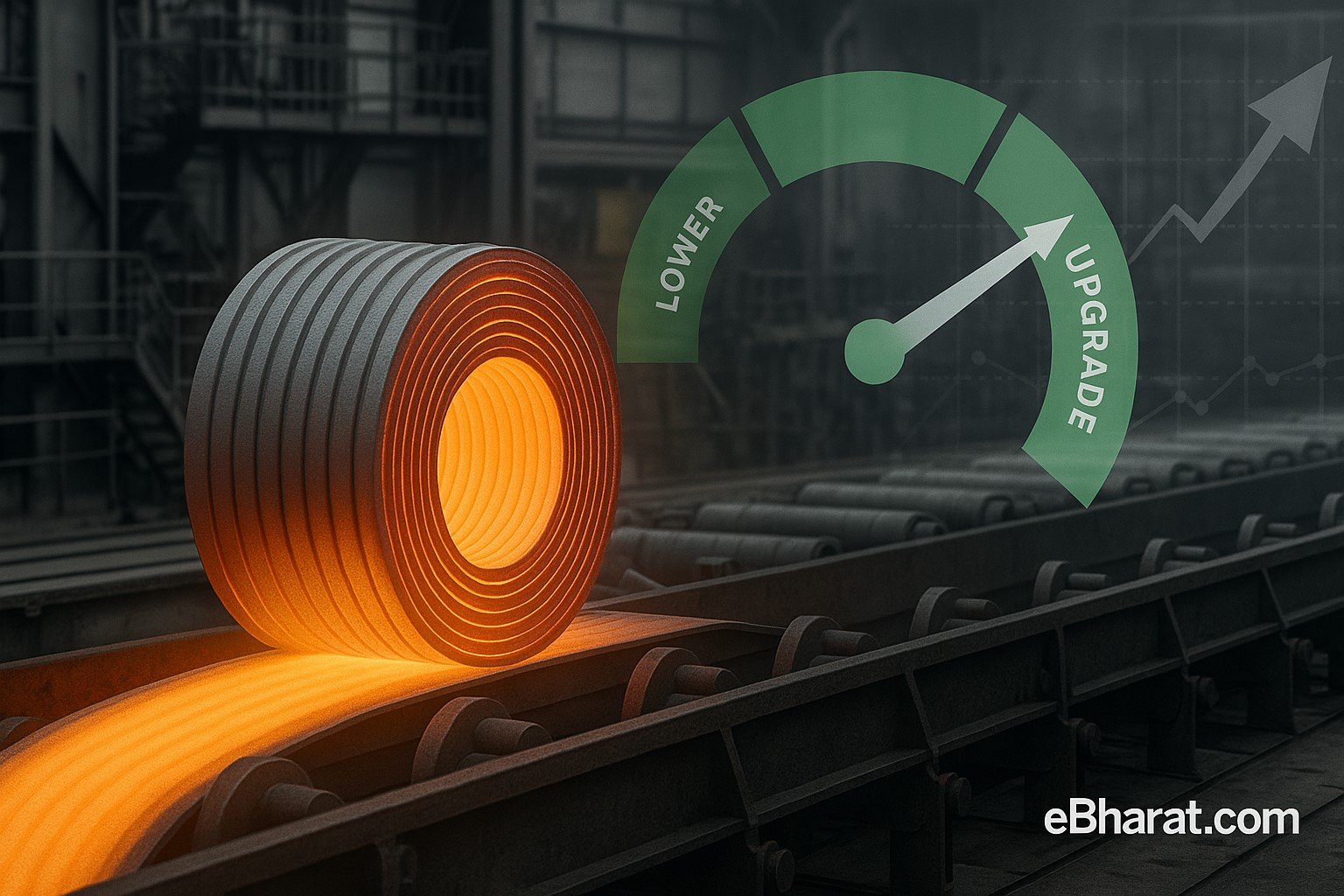 “Hot-rolling steel coils with an upgrade gauge overlay, illustrating CareEdge’s rating upgrade for Steel Exchange India.”