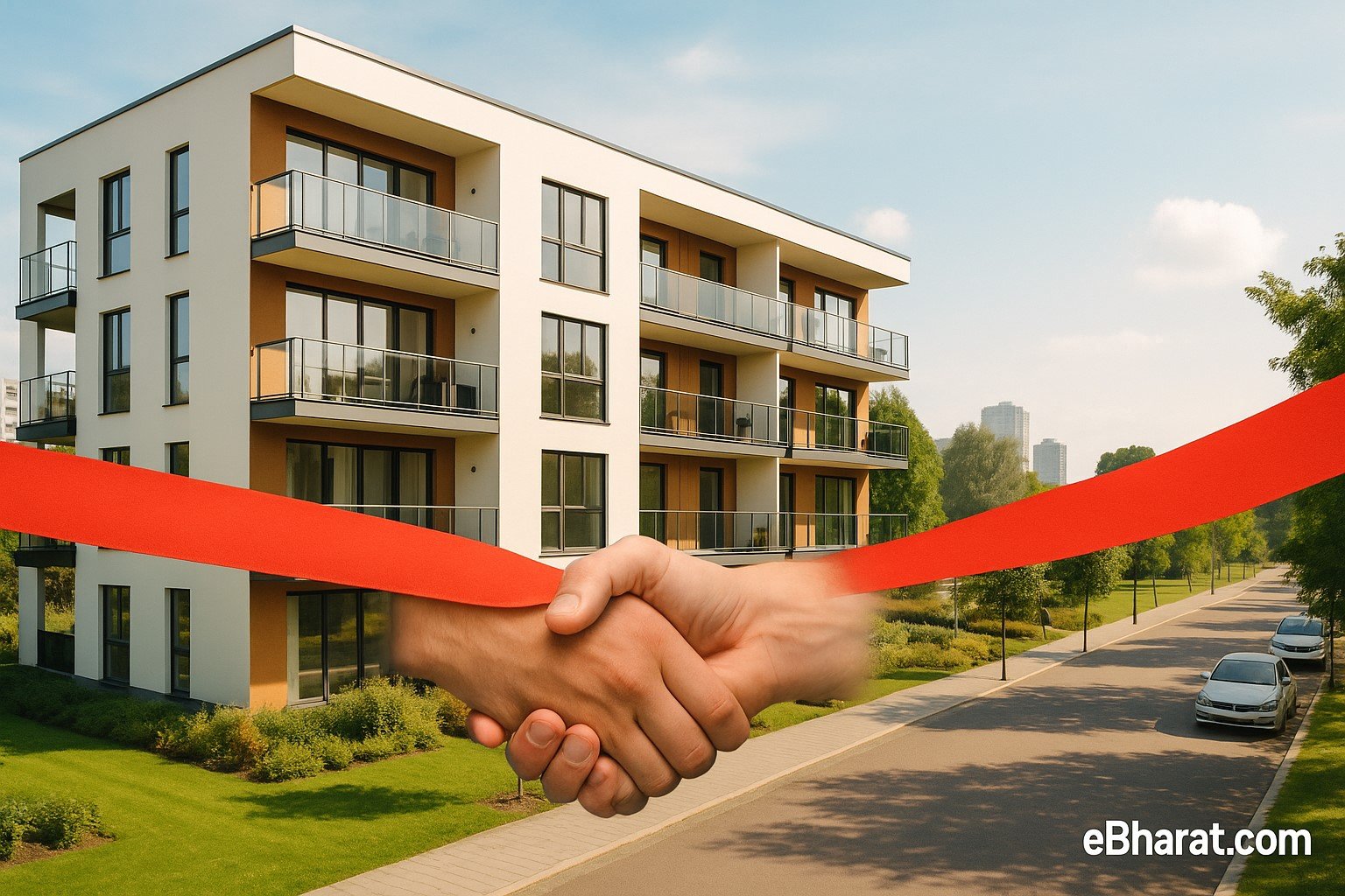 “Modern low-rise residential building with balconies and landscaped gardens in New Chandigarh, ribbon-cutting handshake in foreground, symbolizing Phase 2 launch.”