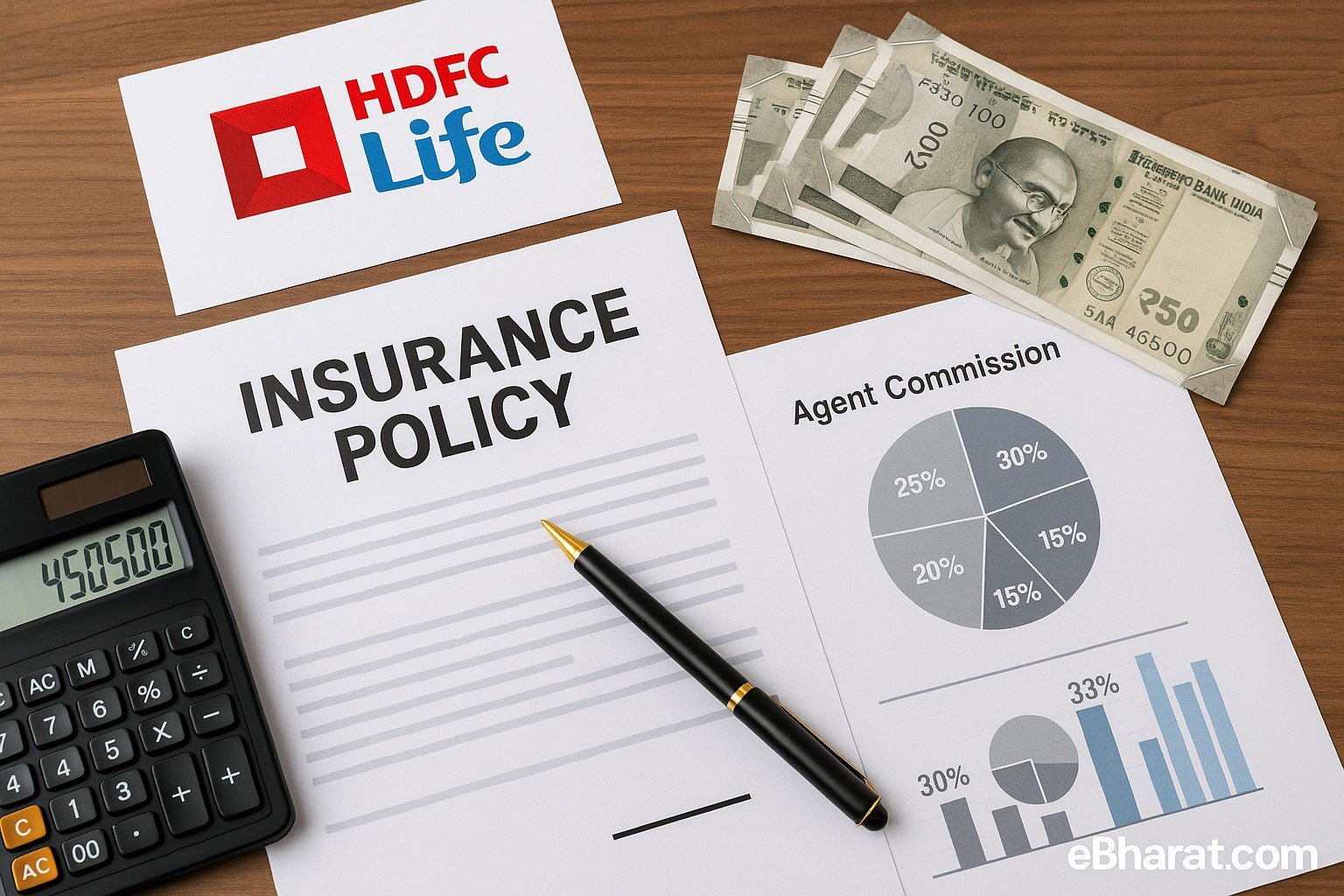 “Insurance agent desk with HDFC Life policy papers, calculator, rupee notes, and commission charts”