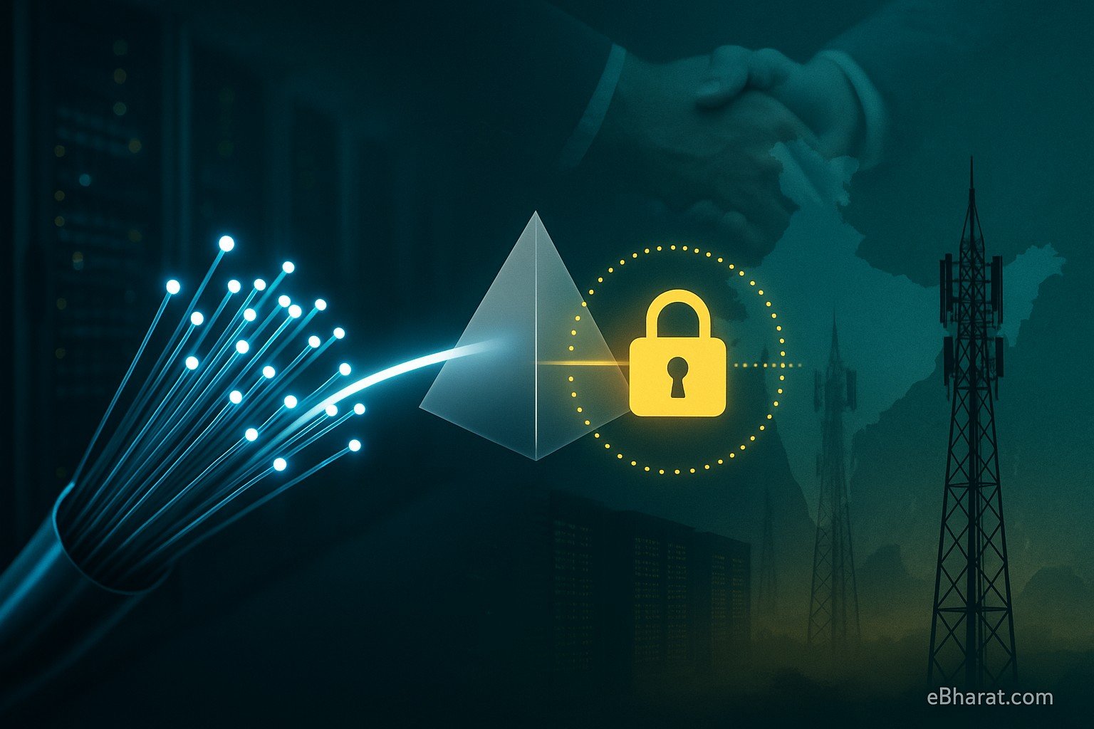 “Optical fibre and quantum cryptography motif (QKD) illustrating STL–QNu Labs partnership to build quantum-safe networks in India.”