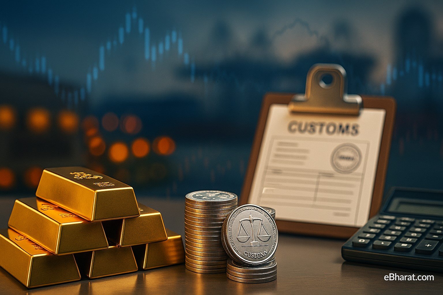Gold bars and silver coins on a desk beside a customs import form and calculator, with a faint candlestick chart and festive bokeh in the background.