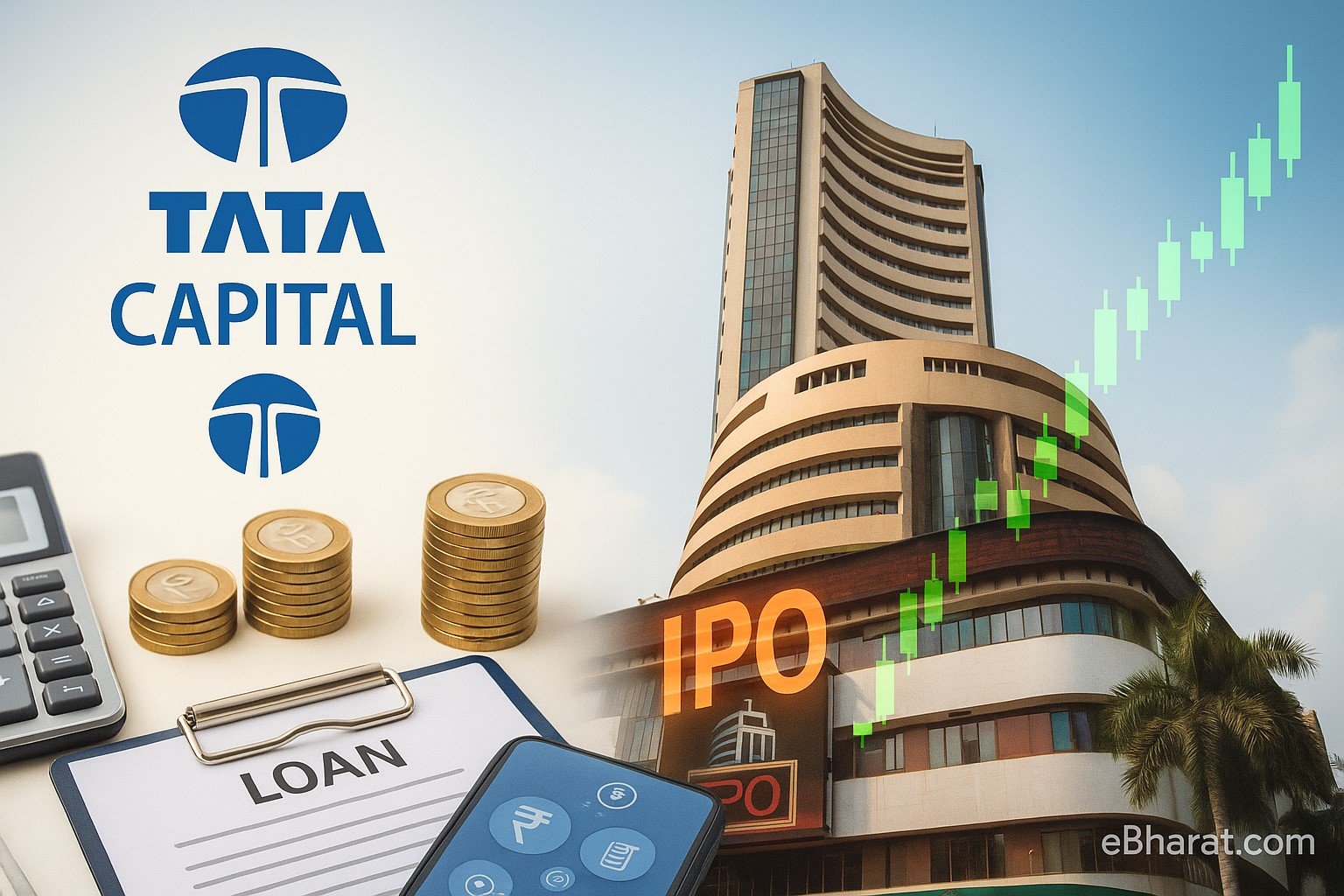 “Tata Capital IPO buzz lifts NBFC stocks — BSE building with finance and IPO cues.”