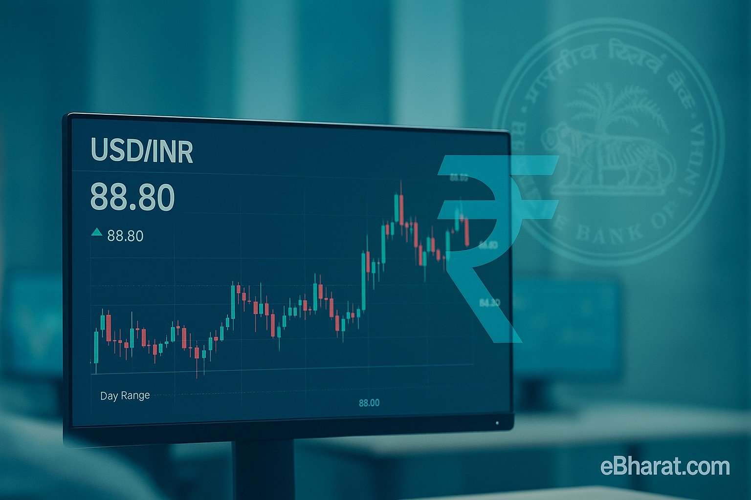 “RBI expected to defend rupee near ₹88.80 as USD/INR chart shows stability at trader desk.”