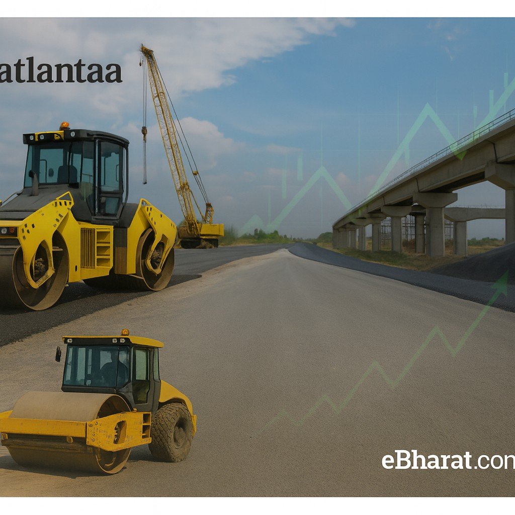 Atlantaa Ltd logo with road construction scene, handshake over contract, and expressway flyover under construction with upward stock chart overlay.
