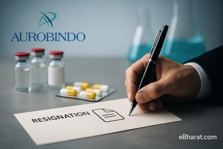 Pharma industry backdrop with medicine vials and corporate resignation symbolism, representing Aurobindo Pharma director’s resignation.