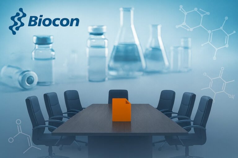 Abstract corporate boardroom and pharma-themed background with clean design, representing Biocon board meeting and stock market update.
