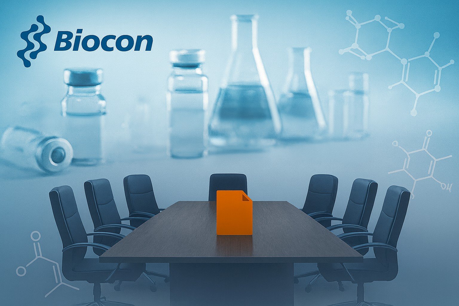Abstract corporate boardroom and pharma-themed background with clean design, representing Biocon board meeting and stock market update.