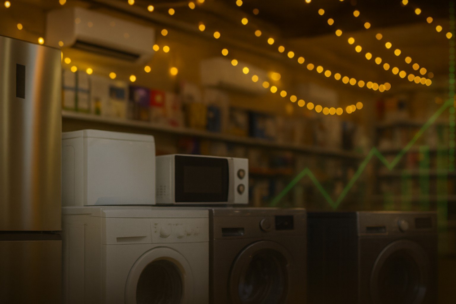 Refrigerators, washing machines, and appliances in a showroom decorated with festive lights, symbolizing consumer durable demand.