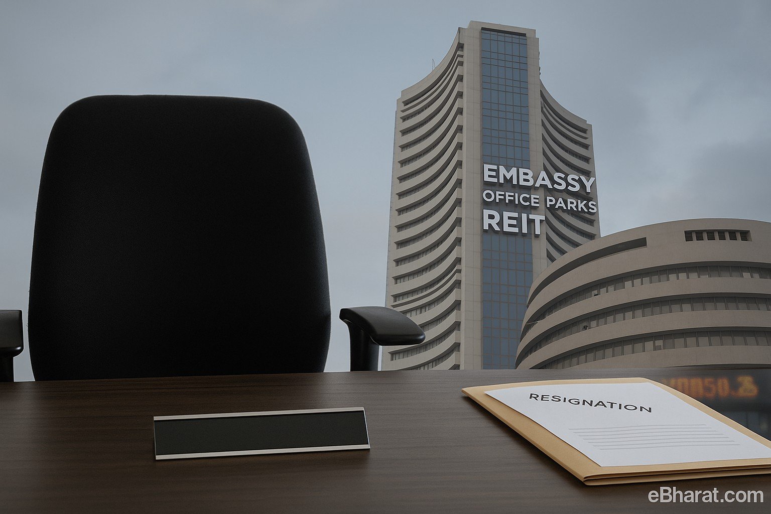 Empty boardroom chair with resignation letter and Embassy REIT office tower in the background, symbolizing Arvind Kathpalia’s exit from the Manager’s board after stake dilution.